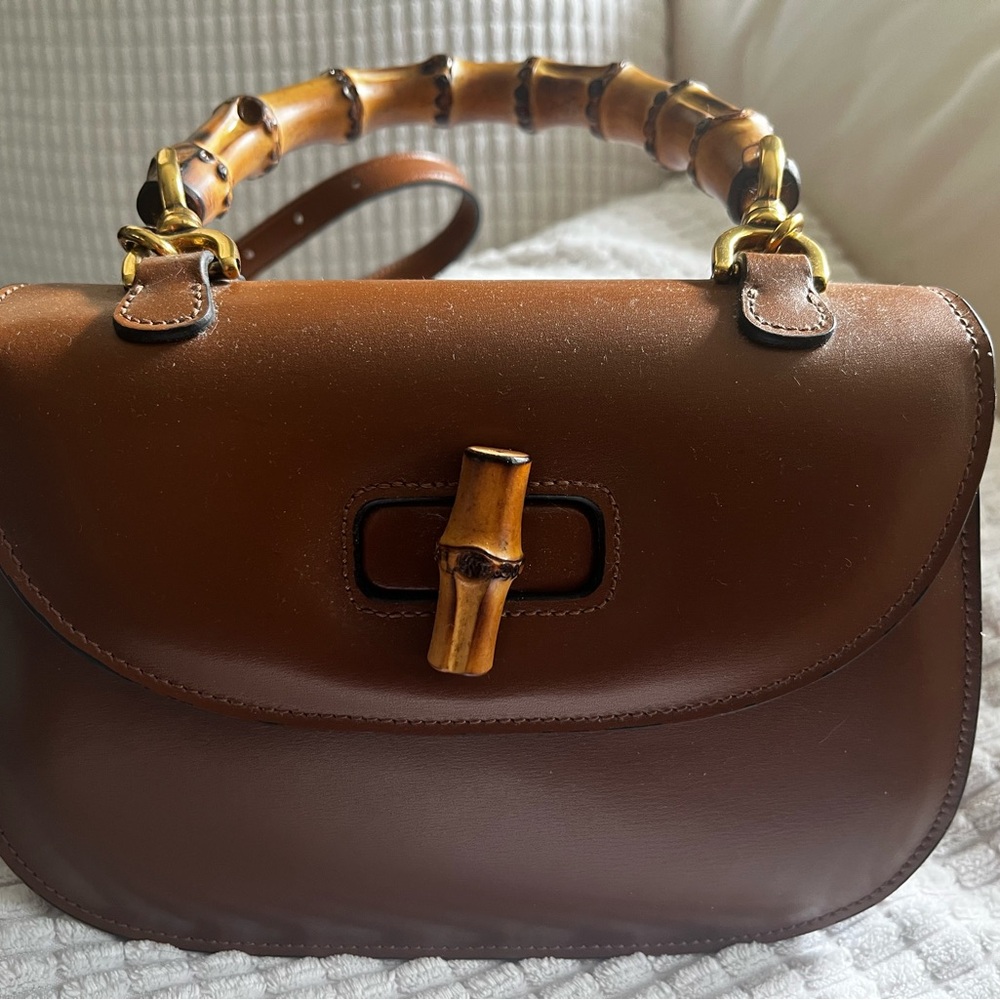 Brown VEGAN LEATHER  Handbag with Bamboo Handle